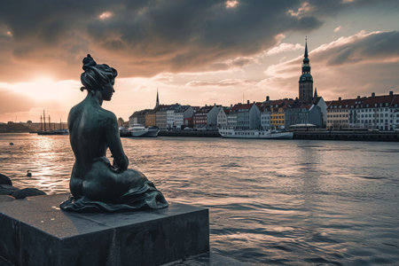 Copenhagen skyline featuring the iconic Little Mermaid statue Ai generatedの素材