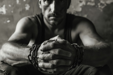 Man in handcuffs, Criminal man with handcuffs in interrogation room Ai generatedの素材