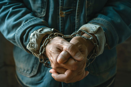 Man in handcuffs, Close-up, man in handcuffs. Arrested man handcuffed hands Ai generatedの素材