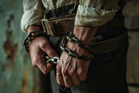 Man in handcuffs, Close-up, man in handcuffs. Arrested man handcuffed hands Ai generatedの素材