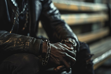 Man in handcuffs, Criminal man with handcuffs in interrogation room Ai generatedの素材