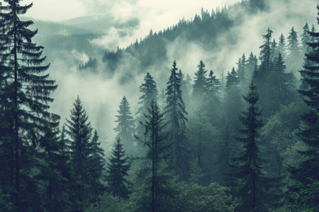 Misty landscape with fir forest in vintage retro style AI generatedの素材