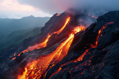 Volcanic activity, lava flow flows down the mountain Ai generatedの素材