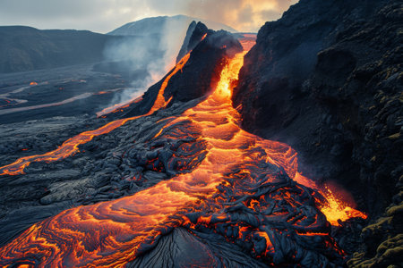Volcanic activity, lava flow flows down the mountain, he mountain create a terrifying and perilous scene Ai generatedの素材