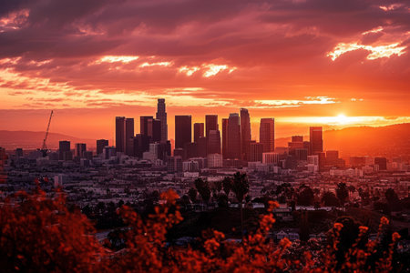 Los Angeles skyline during a mesmerizing sunset AI generatedの素材