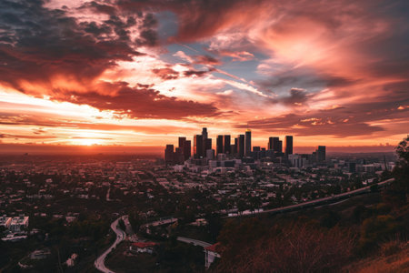 Los Angeles skyline during a mesmerizing sunset AI generatedの素材
