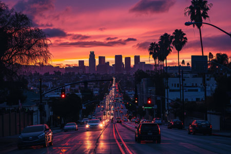 Los Angeles skyline during a mesmerizing sunset AI generatedの素材