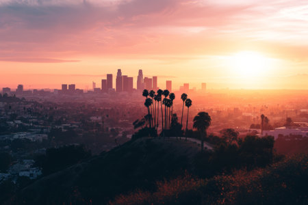 Los Angeles skyline during a mesmerizing sunset AI generatedの素材
