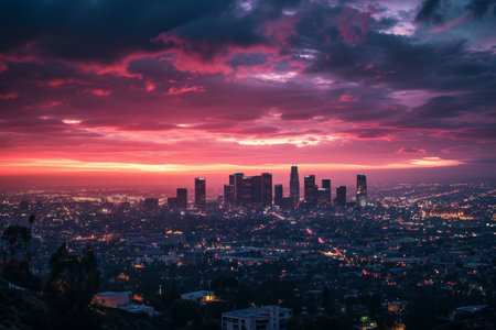 Los Angeles skyline during a mesmerizing sunset AI generatedの素材
