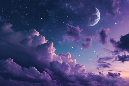 Purple gradient mystical moonlight sky with clouds and stars, stars background wallpaper Ai generatedの素材
