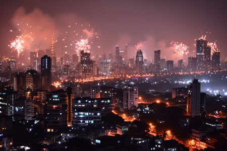 Mumbai's skyline illuminated by spectacular fireworks Ai generatedの素材