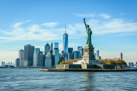 The New York skyline featuring the Statue of Liberty Ai generatedの素材