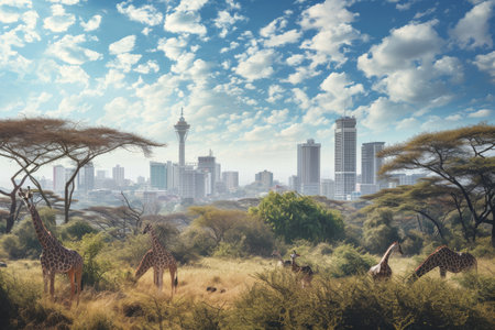 Nairobi skyline with wildlife overlapping the cityscape Ai generatedの素材