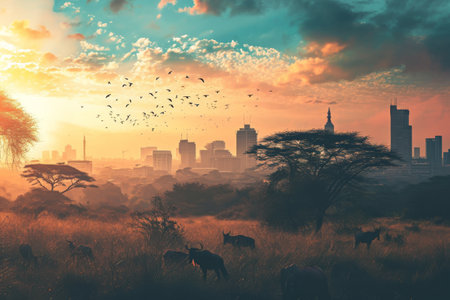 Nairobi skyline with wildlife overlapping the cityscape Ai generatedの素材