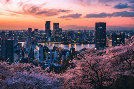 Osaka skyline with stunning spring blossoms AI generatedの素材