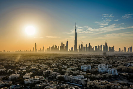 The panoramic skyline of Dubai during harsh midday sun AI generatedの素材