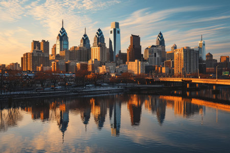 Philadelphia skyline bathed in the glow of sunrise AI generatedの素材