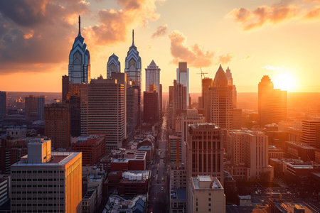 Philadelphia skyline bathed in the glow of sunrise AI generatedの素材
