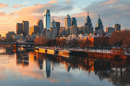 Philadelphia skyline bathed in the glow of sunrise AI generatedの素材