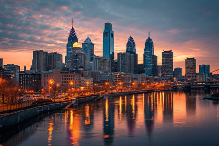 Philadelphia skyline bathed in the glow of sunrise AI generatedの素材