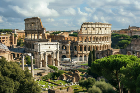 Rome skyline depicting the Colosseum and ancient ruins AI generatedの素材