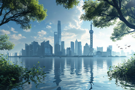 An idyllic vision of the Shanghai skyline AI generatedの素材