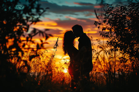 Silhouette of a couple sharing a kiss against a colorful sunset, surrounded by the warmth of nature, with a parent and child enjoying a beautiful evening together AI generatedの素材