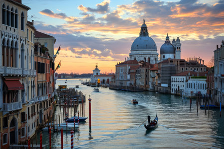Grand Canal and Basilica Santa Maria della Salute at sunset, Venice, Italyの素材