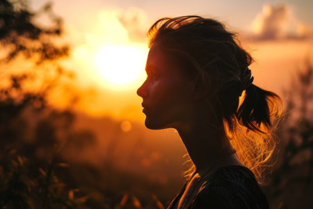 Young woman s silhouette against a sunset, Woman s figure on sky at sunset with empty space AI generatedの素材
