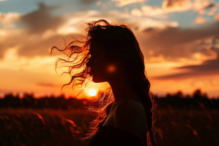 Young woman s silhouette against a sunset, Woman s figure on sky at sunset with empty space AI generatedの素材