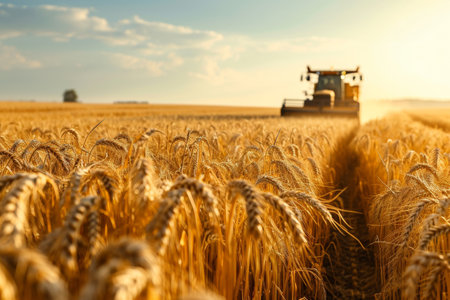 Busy farmers at work in golden wheat fields under sun, Young farmers inspecting winter wheat crop, Ai generatedの素材