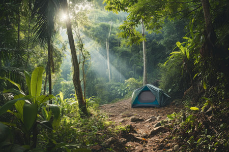 Lifestyle of explorers camping in a thick tropical rainforest, Illustration of a cozy tent and a campfire dense rainforest exotic flora tropical paradise Ai generatedの素材