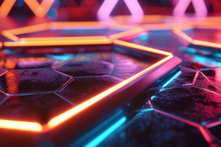 Futuristic hexagon wallpaper with glowing elements, Neon Hexagons Background, 3d rendering of abstract background with hexagons in neon light AI generatedの素材