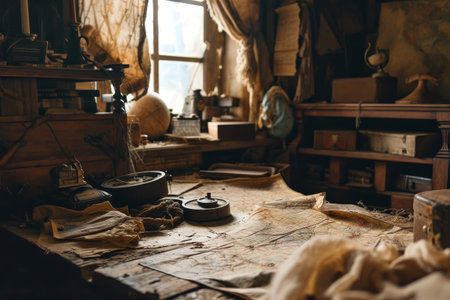 Interior of an old sailor seafaring ship, strewn with maps and equipment's AI generatedの素材