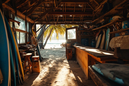 Surfer's beach shack with surfboards strewn all around Ai generatedの素材