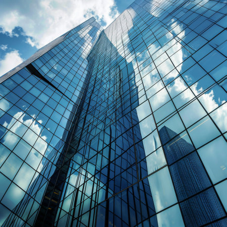 Reflective skyscrapers, business office buildings. Low angle photography of glass curtain wall details of high-rise buildings. The window glass reflects the blue sky and white clouds AI generatedの素材