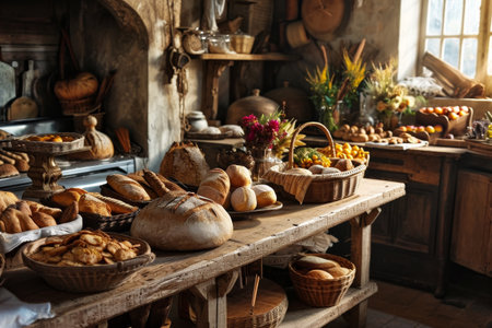 A rustic bakery with fresh, delicious goods in countryside, Busy bakery displaying fresh and irresistible delights AI generatedの素材