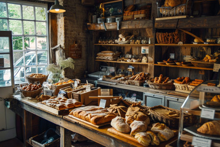 A rustic bakery with fresh, delicious goods in countryside, Busy bakery displaying fresh and irresistible delights AI generatedの素材