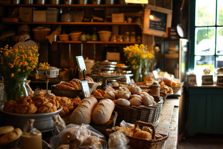 A rustic bakery with fresh, delicious goods in countryside, Busy bakery displaying fresh and irresistible delights AI generatedの素材