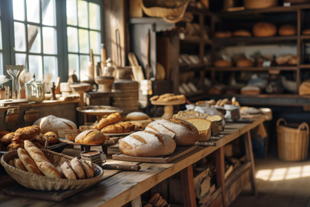 A rustic bakery with fresh, delicious goods in countryside, Blurred bakery shop in wholesale store with fresh baked bread on wooden shelf AI generatedの素材
