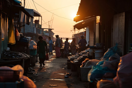 A bustling fish market in a coastal village at dawn, Ai generatedの素材