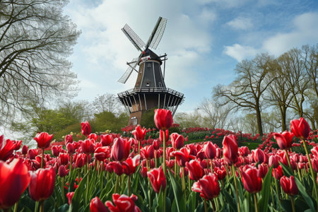A picturesque Dutch windmill surrounded by tulips AI generatedの素材