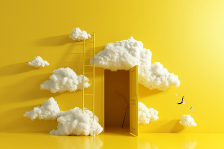 3d abstract yellow background with door, ladder and white clouds flying out,3d abstract yellow background with door Ai generatedの素材