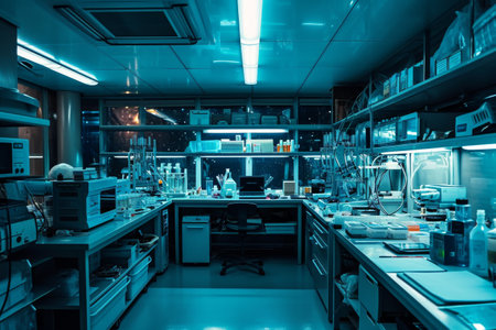 A scientist's bustling lab filled with high tech equipment, Busy Science Lab With Abundant Glassware for Research Scientists Ai generatedの素材