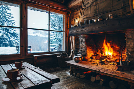 A cozy ski lodge with roaring fireplace and mugs of hot cocoa, cozy log cabin in the mountains, AI generatedの素材