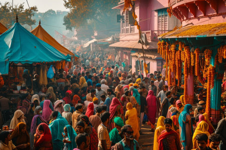 A crowded and colorful Indian festival, Happy Holi. Indian holiday. Exuberant crowd celebrating Holi AI generatedの素材