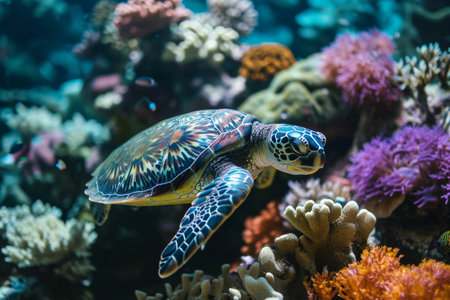 Swimming turtle, Underwater wildlife panorama Coral reef with wild sea turtles AI generatedの素材