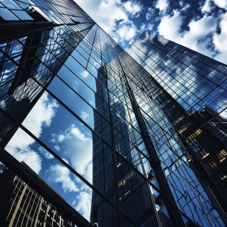 Reflective skyscrapers, business office buildings. Low angle photography of glass curtain wall details of high-rise buildings. The window glass reflects the blue sky and white clouds AI generatedの素材
