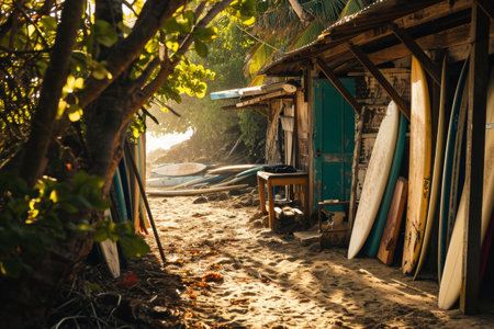 Surfer's beach shack with surfboards strewn all around Ai generatedの素材