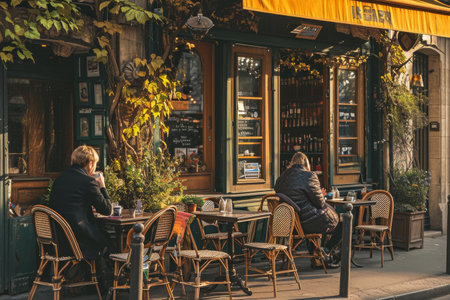 Parisian lifestyle showing a couple enjoying coffee outside a charming cafe AI generatedの素材